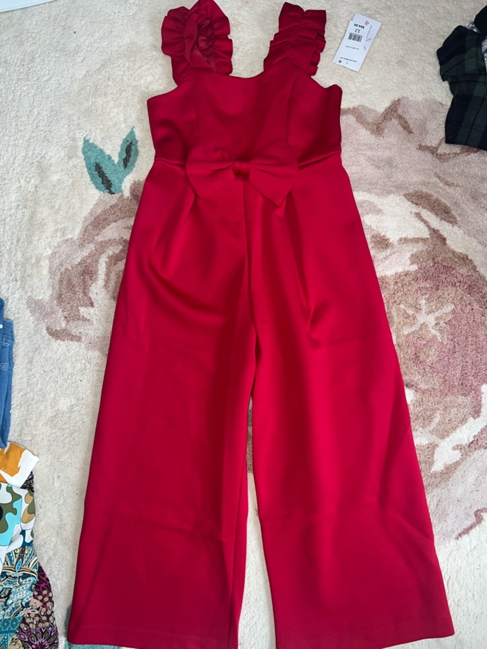 NEW Bonnie Jean Girls Red Ruffled-Strap Wide-Leg Scuba Jumpsuit with Bow - Picture 2 of 7